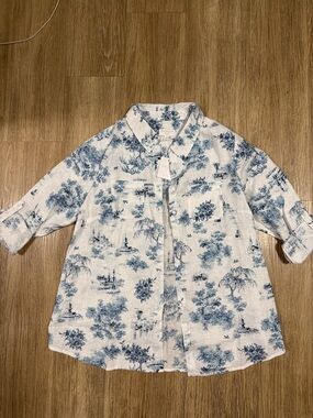 Charter Club linen White Button-Down Shirt with Blue Toile Print 0X